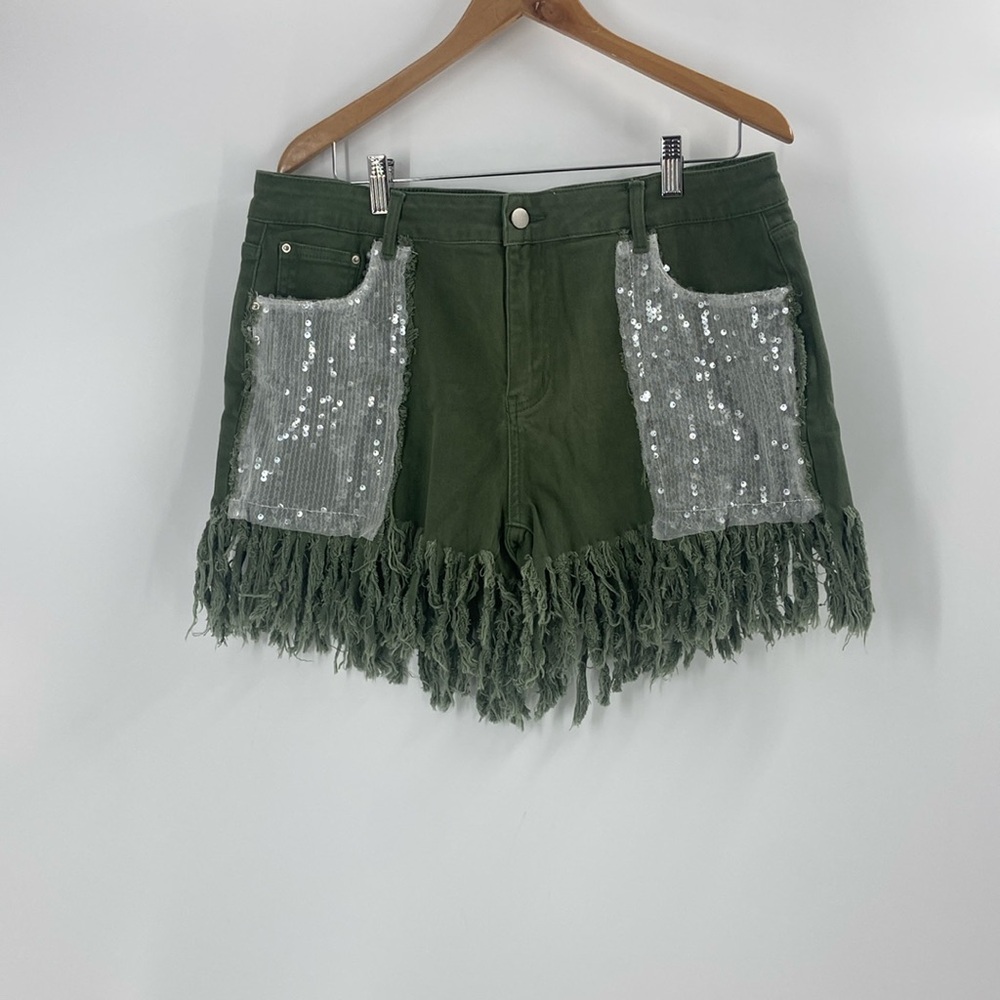 Hippie glam short shorts army green fringe sparkle pockets Y2K
